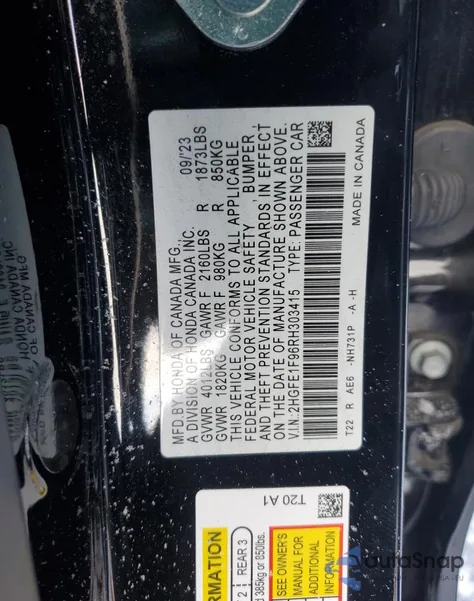 2024 Honda Civic Touring z USA, uszkodzony, nr VIN 2HGFE1F96RH303415